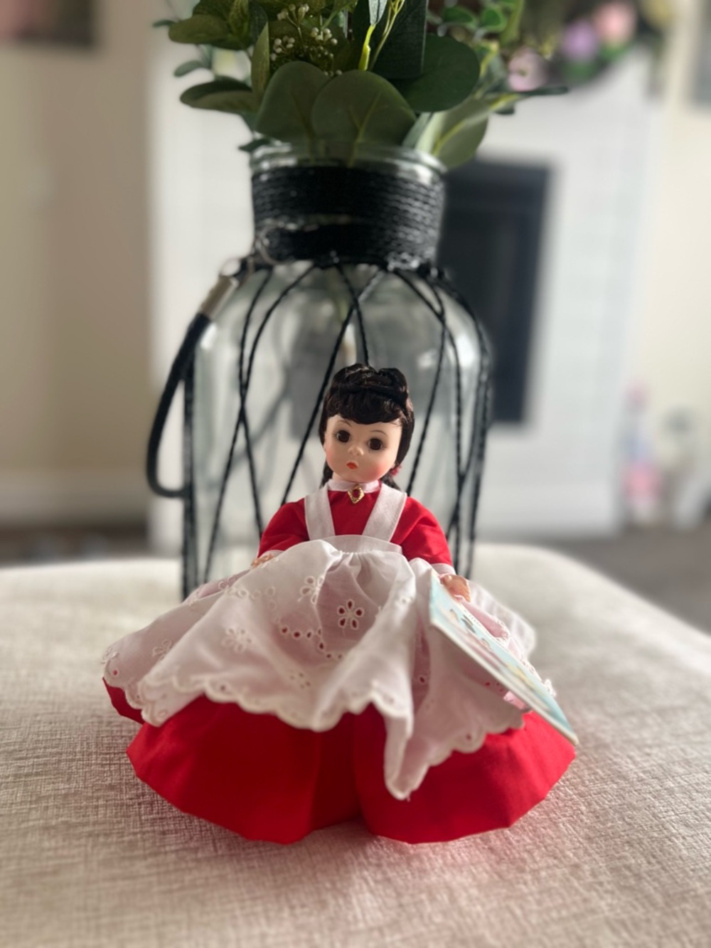 Vintage-Style Red & White Doll with Apron